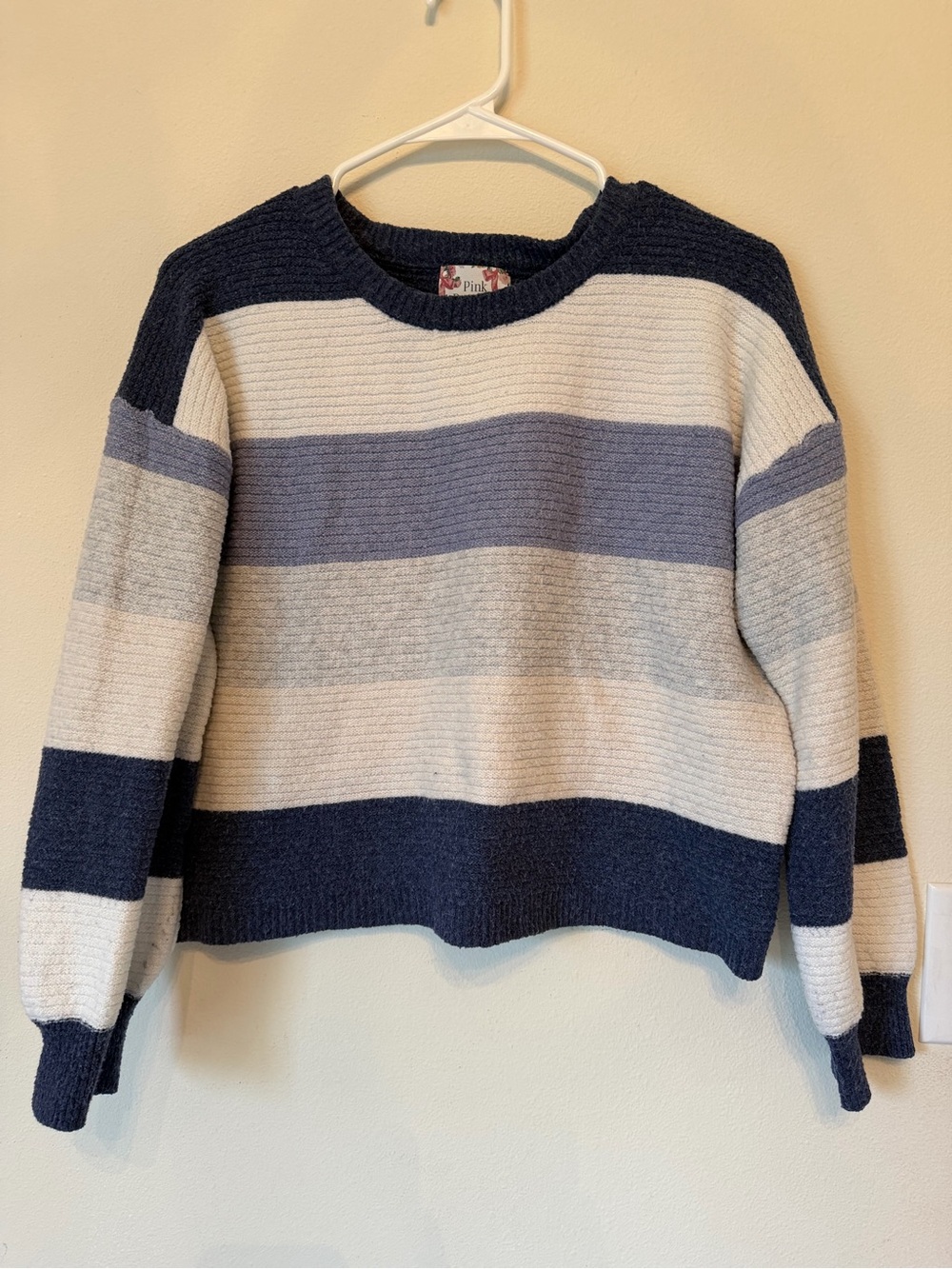Pink Republic Navy, Cream and Gray Striped Crewneck Sweater